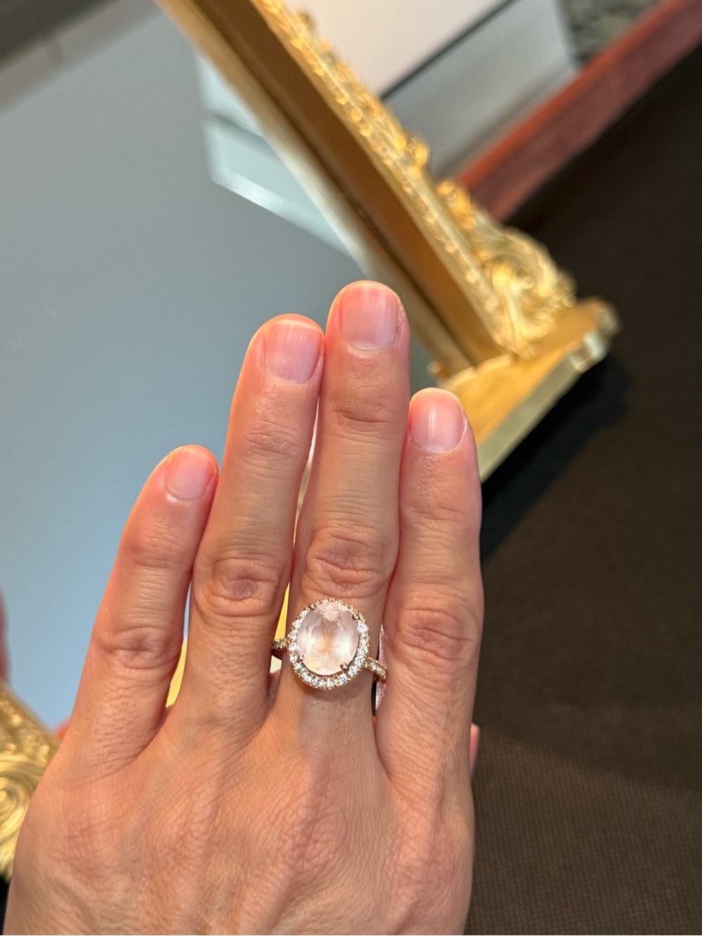Elegant Rose Quartz Halo Ring in Rose Gold Finish